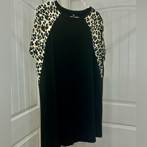 Women’s 1XL Black Dress with Leopard Print Sleeves – Plus Size – Good Condition